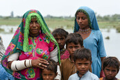 A family stands by their destroyed home and crops in Sindh